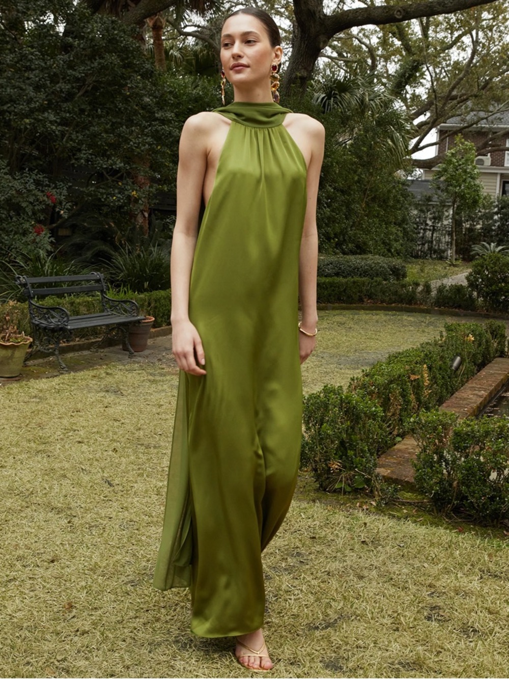 Silk Halter Maxi Dress in Olive Green